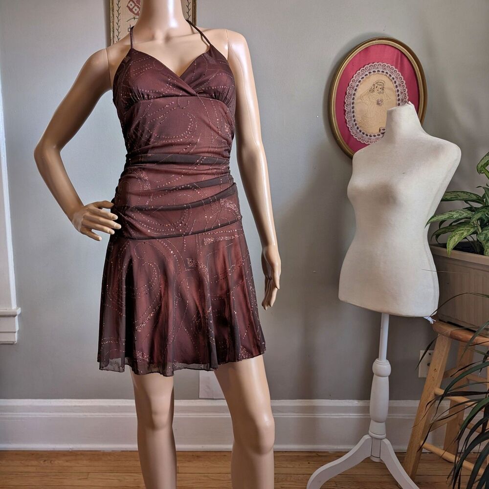 Vintage 90s Taboo Mini Dress Party Drop Waist Glitter Trashy Brown Size M